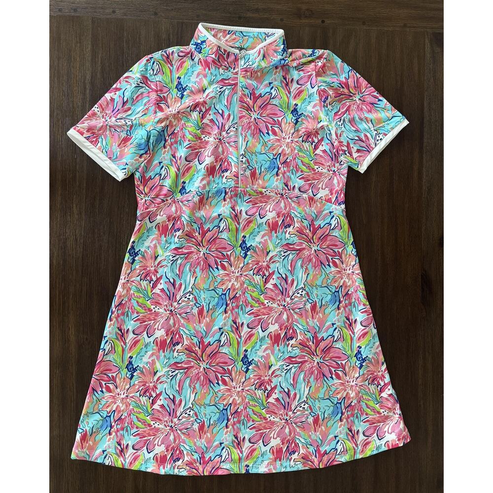Dolcezza Dress Womens Large Golf Beach Floral Mock Neck Zip A-Line Florida